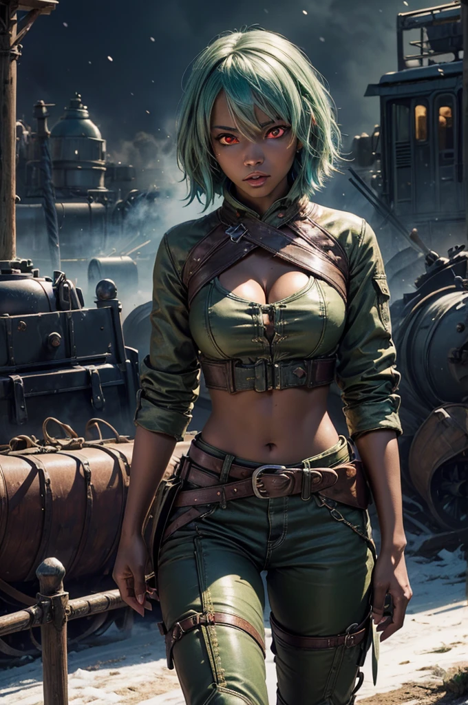 emeraldsustrai, emerald sustrai, short hair, (red eyes:1.5), (green hair), dark skin, dark-skinned female, navel, cleavage, midriff, belt, cleavage cutout, chaps, fighting pose, snow, ((broken suspension bridge, near old steam train)), post-apocalypse, dystopian future, crowd, (crowd in military uniforms), bonfires, (volumetric lighting),  intricate details, tonemapping, sharp focus, hyper detailed, (cowboy shot:1.5), BREAK (masterpiece:1.2), best quality, high resolution, unity 8k wallpaper, (illustration:0.8), (beautiful detailed eyes:1.6), extremely detailed face, perfect lighting, extremely detailed CG, (perfect hands, perfect anatomy),