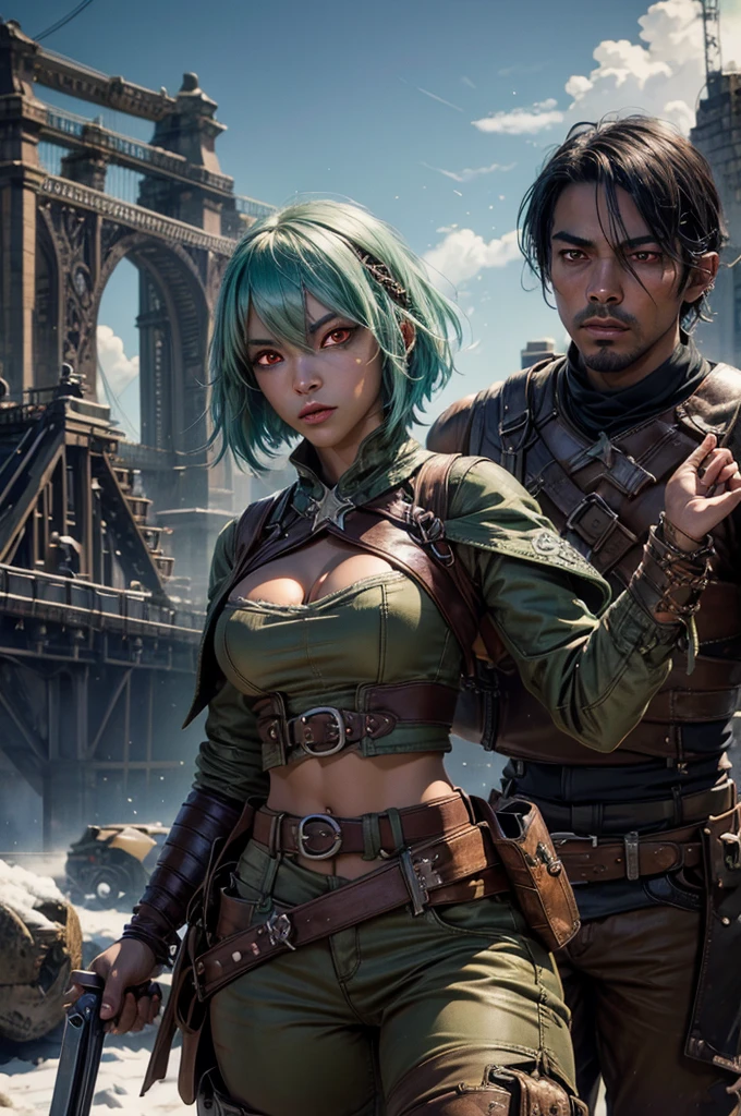 emeraldsustrai, emerald sustrai, short hair, (red eyes:1.5), (green hair), dark skin, dark-skinned female, navel, cleavage, midriff, belt, cleavage cutout, chaps, fighting pose, snow, ((broken suspension bridge, near old steam train)), post-apocalypse, dystopian future, crowd, (crowd in military uniforms), bonfires, (volumetric lighting),  intricate details, tonemapping, sharp focus, hyper detailed, (cowboy shot:1.5), BREAK (masterpiece:1.2), best quality, high resolution, unity 8k wallpaper, (illustration:0.8), (beautiful detailed eyes:1.6), extremely detailed face, perfect lighting, extremely detailed CG, (perfect hands, perfect anatomy),