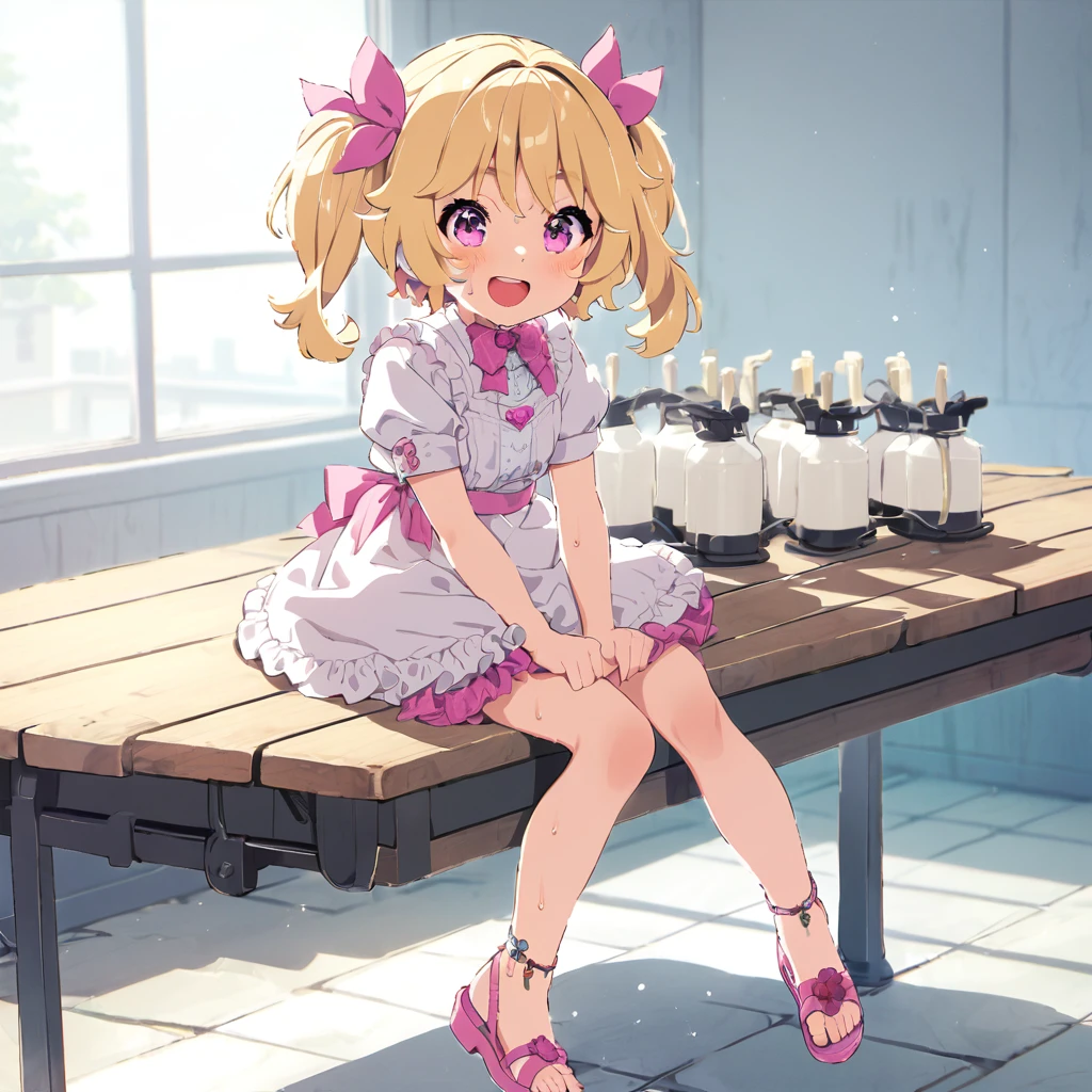 cute girl sitting on milking table, pink sandals, smiling, sweaty, anklet