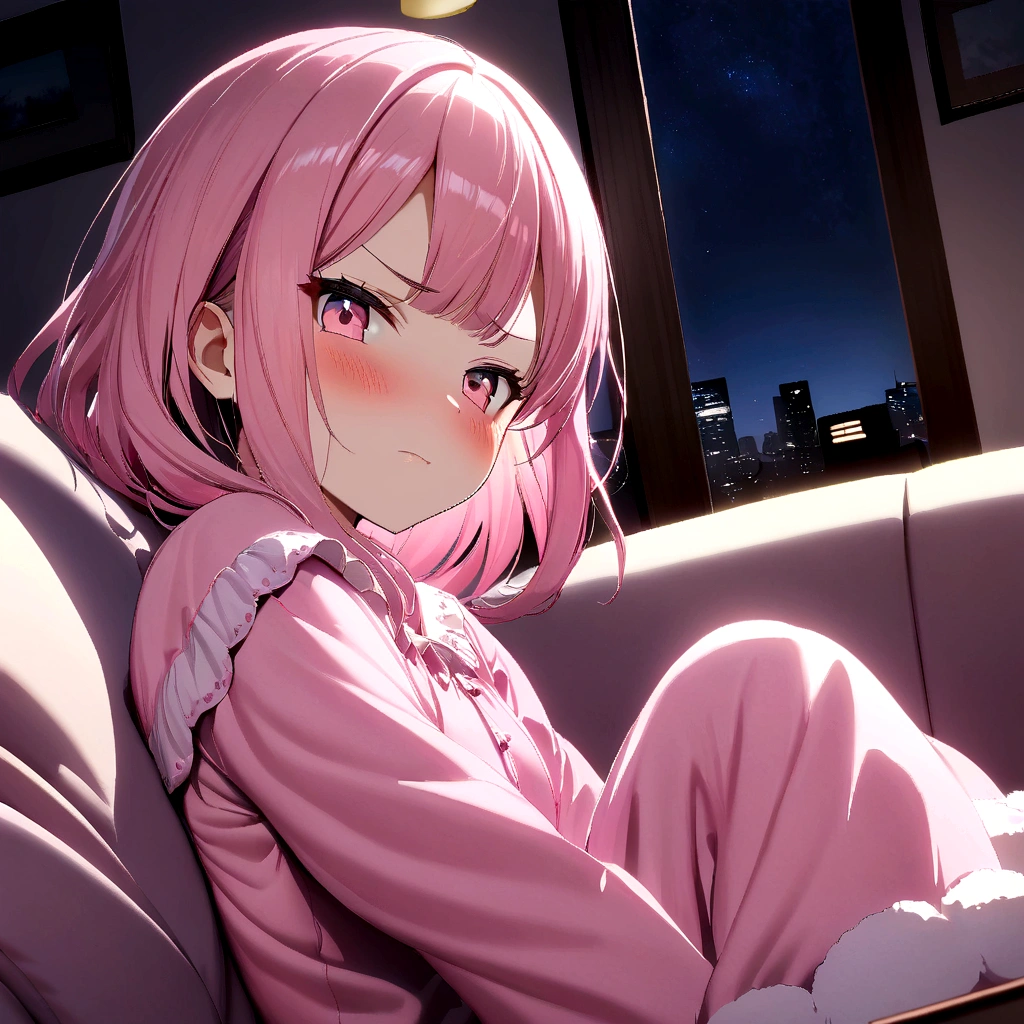 1 girl,(dim lighting),[detailed background (living room, night time),(pink hair),(Fluffy short pink hair, slim  girl), (pink eyes), (Girl wears pink pajamas), sitting on the sofa, blush, annoyed face, looking at viewer, ray tracing