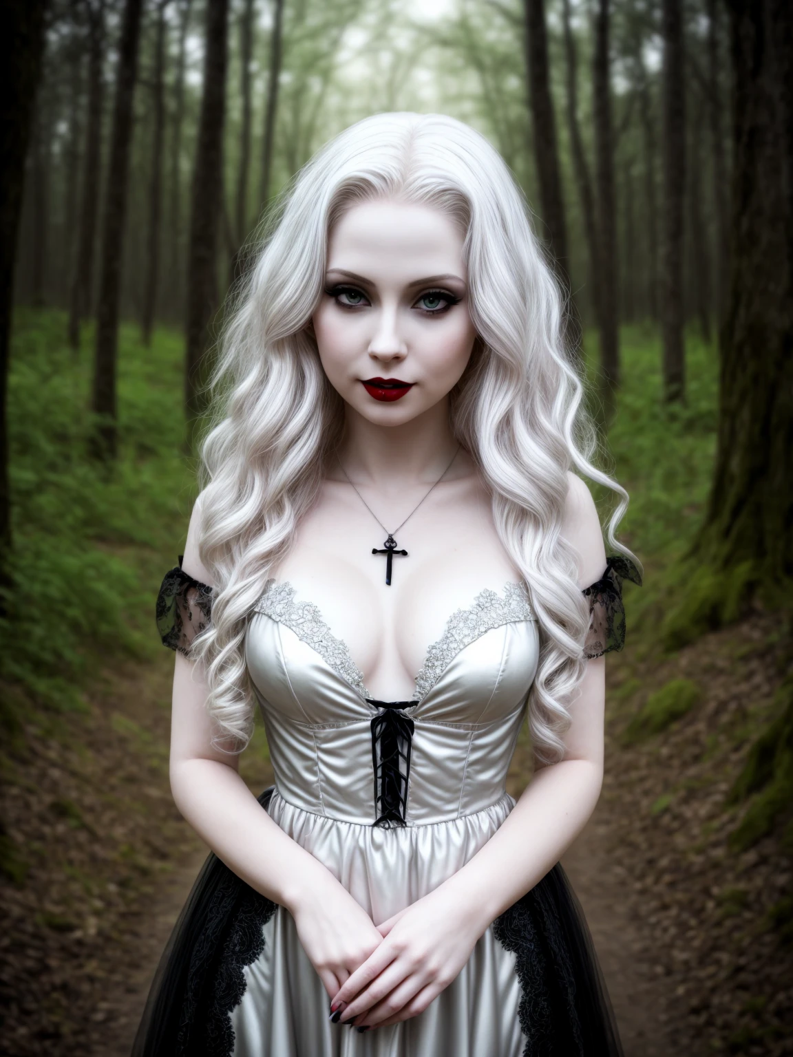 female sexy vampire|albino, pale porcelain skin, sexy vintage black dress, smile, shallow depth of field, grin|creepy, nightfall, detailed face, night, wide hips, narrow waist, portrait of woman standing, detailed eyes, portrait of woman standing, 8k RAW photo, highest quality, looking at the viewer, best shadow, intricate details, long hair, bright eyes, forest, grave, gothic, goth detailed, highres, high qualilty, high saturation