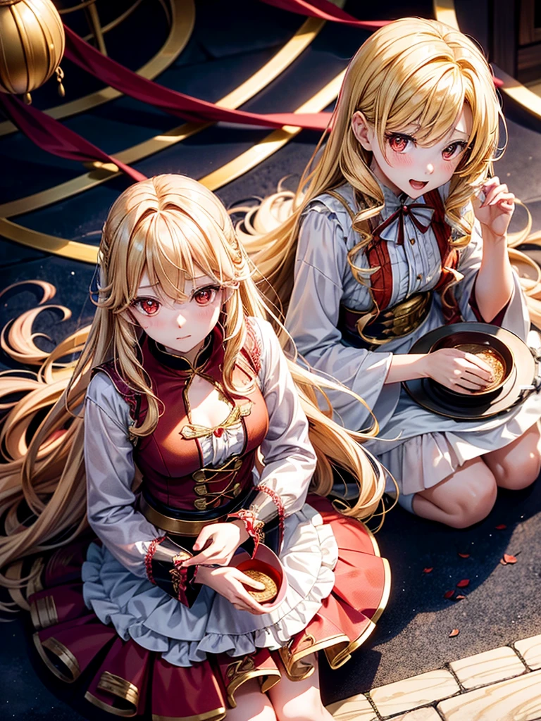 Yui is a beautiful vampire girl with wavy golden blonde hair, crimson red eyes, and porcelain skin.. Even though she is over 300 years old, she looks like a 12-year-old due to the side effect of her immortality.. After being freed from Ehit's possession, Yui gains the ability to change her body's maturity at will, transitioning from a teenager to an adult.. In her adult form, she looks like a beautiful, devilish young woman in her early twenties with a voluptuous body. Yui usually has a stoic expression but always shows a smile towards Hajime.
Adventurer Yui's costume consists of a white ruffled shirt and a black mini skirt with trim. She also wears a white coat with a blue lining, as well as a pair of short boots and knee-high socks.