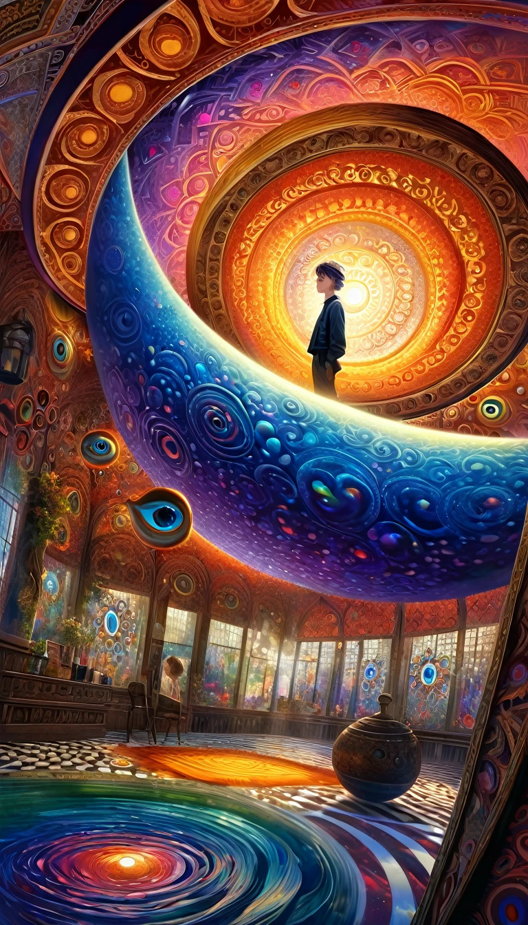 a highly detailed and intricate oil painting depicting an imaginative and surreal interpretation of the world, inspired by the distinctive artistic style of Bill Sienkiewicz, with vivid and striking colors, masterfully rendered textures and patterns, a sense of depth and dreamlike atmosphere, (best quality,4k,8k,highres,masterpiece:1.2),ultra-detailed,(realistic,photorealistic,photo-realistic:1.37),vibrant colors,dramatic lighting,surreal,psychedelic,abstract,organic shapes,complex compositions,chiaroscuro,Bill Sienkiewicz,oil painting
