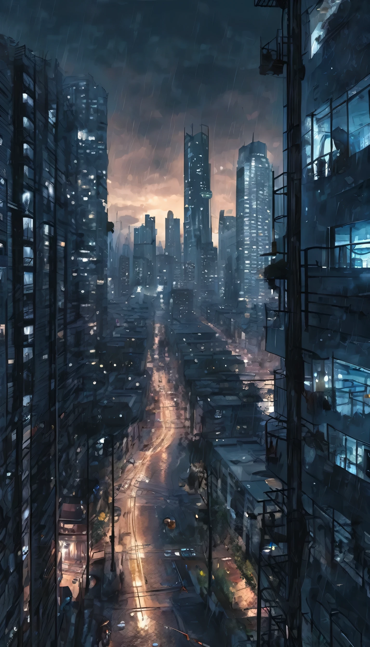 Lonely、cold、Loneliness、spiciness、(First Person View)、(rooftop)、(大City)、Puddle、moonlight、star、night、Glowing Building、Tower、Looking down、sad、City、A little higher、skyscraper、reality、after the rain、Slightly wet road、1 person、Inside the Buildings、Fantasy、detailed、high resolution、high quality、8K quality、Dark Effects、fence、Peek into、distinct、
