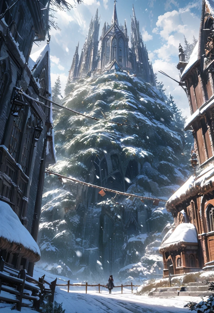 anime aestetic, winter time, icy canion, huge wide tree growing out of the horizontal wall, view from the rope bridge, gothic church on the top of the canion, snow falling, fantasy landscape, skies covered with grey clouds, perspective, atmospheric perspective, wide shot, 4K, 8k, highres, best quality, high quality, award winning, super detail, accurate, masterpiece, UHD