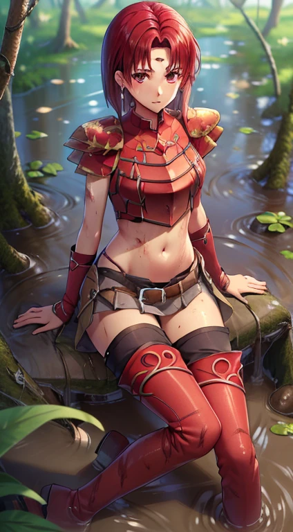 masterpiece, Best qualityquality,masterpiece, Best quality,quality, Lady, Circlet, Earrings, armor, Elbow hand pockets,Thigh-high boots, Best qualityquality,  abdomen, abdomen, Long and thin navel,Thighs,(In the muddy swamps、Boots are stained with mud)、covered with a lot of mud、Mud flows down the body、(The skin is covered with mud)、(The skin is covered with mud)、(Lower body stained with mud)、Falling into the mud, 泥に染まったarmor