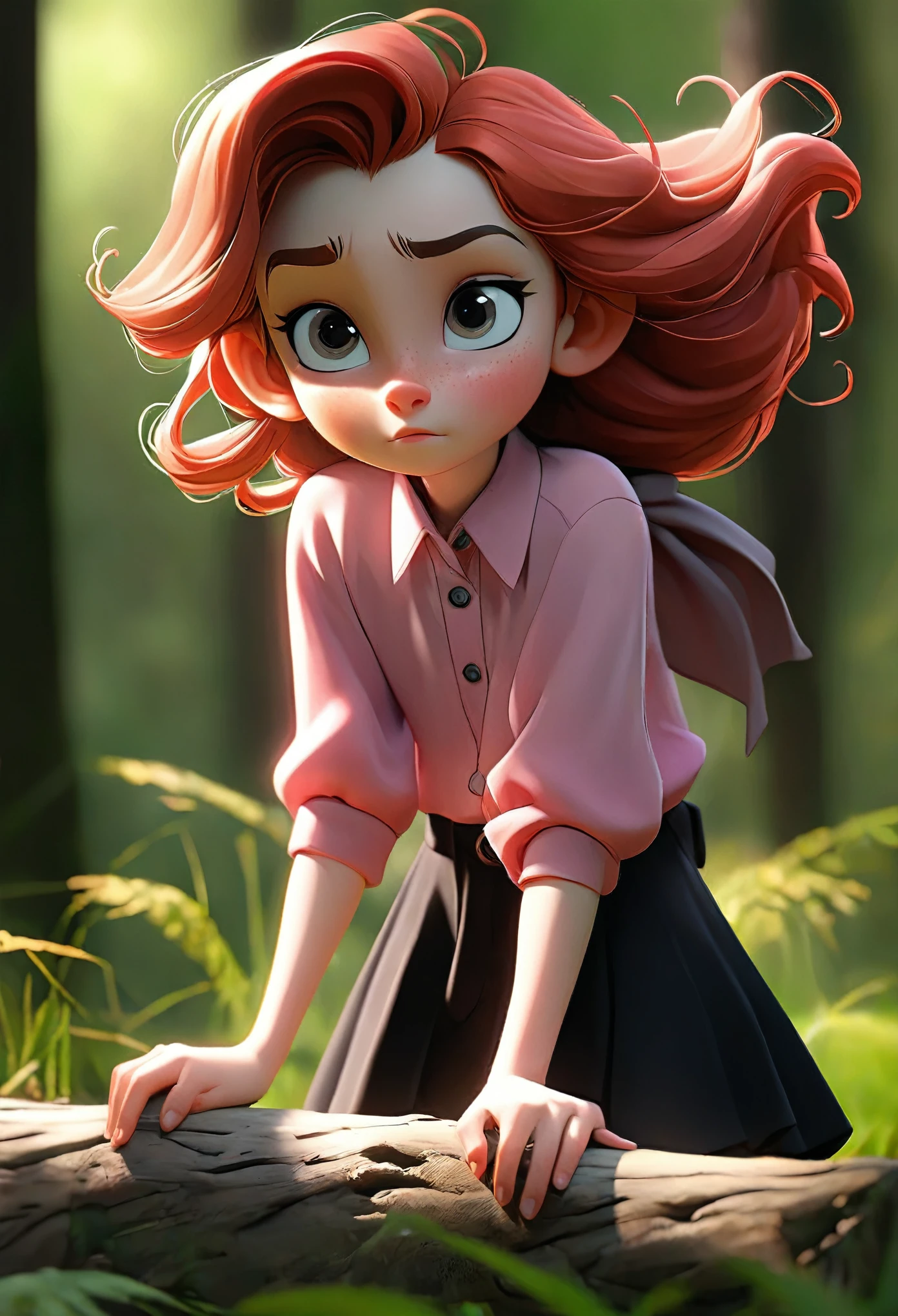 a girl with long red hair, heterochromatic eyes, pale skin, flat chest, wearing a black dress paired with a crisp pink blouse, with a more elegant and sophisticated touch, something that matches her mysterious and strong personality. Overall, her appearance would be striking, attracting curious and intrigued looks, flat chested, cinematic lighting, chromatic aberration, backlighting, masterpiece, high details, high quality, 4K. Running boy on forest road truck driver