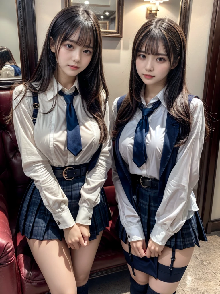(8K, Raw photography, top-quality, masterpiece:1.2), master piece, best quality, illustration, Super detailed, fine details, High resolution, 8K,wall paper, perfect dynamic composition,(Details High quality, realistic depiction of eyes:1.3), ((2 girls, 2 schoolgirls)), The background is a luxury hotel room、High school girl uniform、blazer 、Super Short Check Uniform Skirt、Navy blue high socks、garterbelts、Colossal tits、Disturbed uniform, Play with each other,Touching each other's bodies,Touching the body of the girl next door, short bob hair, black hair color, huge breasts, Big Natural Color Lip, bold sexy pose, (perfect body shape), crying a little、Beautiful makeup,glitter makeup,Cutest 18 years old, beautiful legs, hposing Gravure Idol, Voluptuous thighs