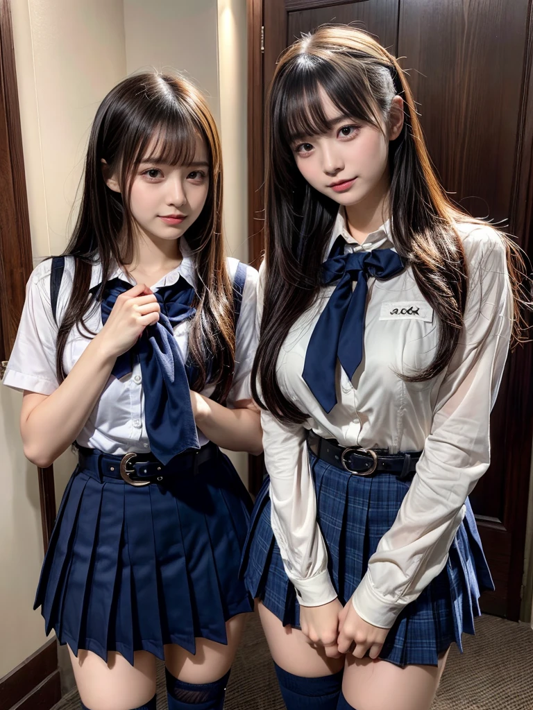 (8K, Raw photography, top-quality, masterpiece:1.2), muster piece, best quality, illustration, Super detailed, fine details, High resolution, 8K,wall paper, perfect dynamic composition,(Details High quality, realistic depiction of eyes:1.3), ((2 girls, 2 schoolgirls)), The background is a luxury hotel room、High school girl uniform、blazer 、Super Short Check Uniform Skirt、Navy blue high socks、garterbelts、Colossal tits、Disturbed uniform, Play with each other,Touching each other's bodies,Touching the body of the girl next door, short bob hair, black hair color, huge breasts, Big Natural Color Lip, bold sexy pose, (perfect body shape), crying a little、cold gaze, Harajuku style、Beautiful makeup,glitter makeup,Cutest 18 years old、 beautiful legs, hposing Gravure Idol, Voluptuous thighs