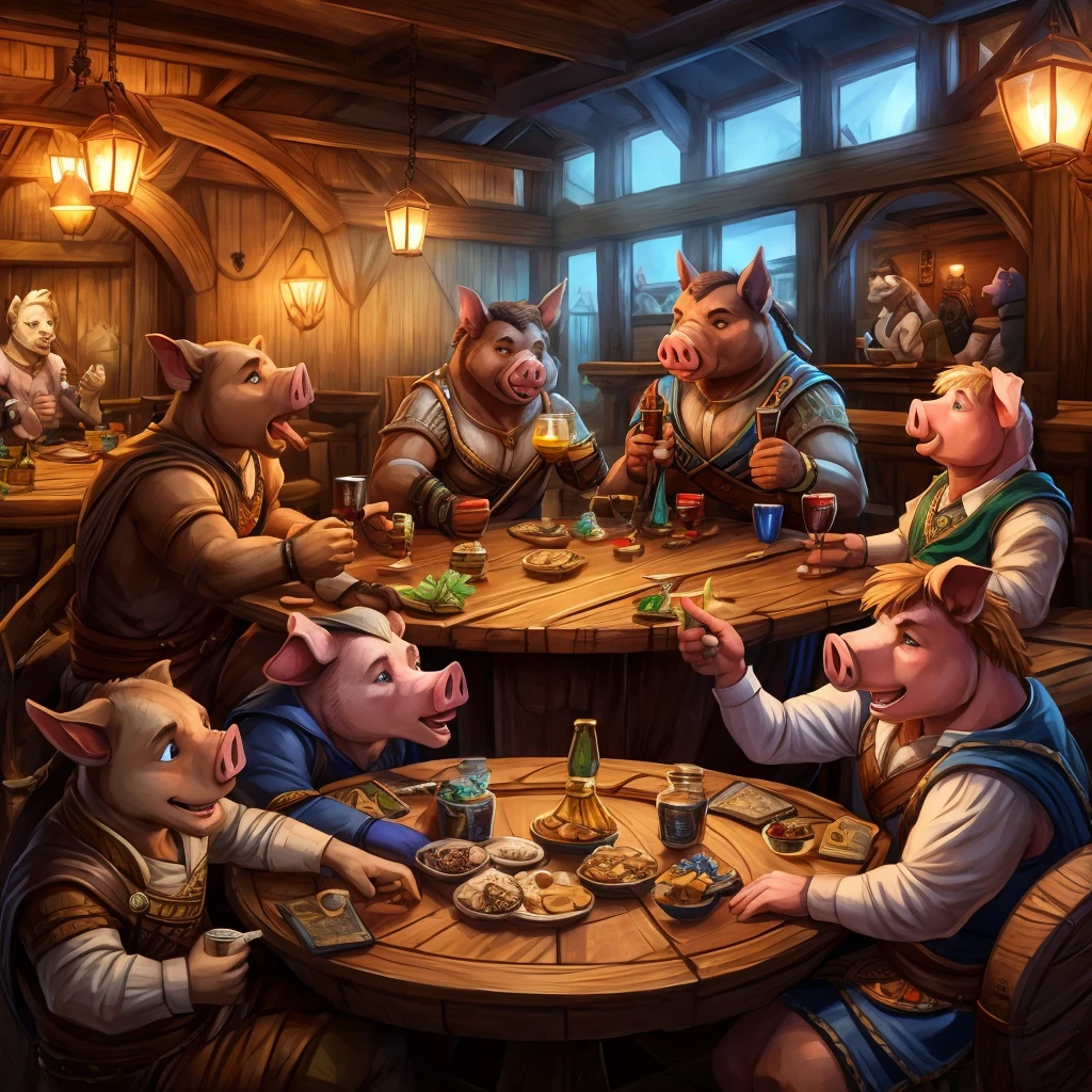 Round tabula style tavern with 4 Pigs of different colors. they're having fun., drinking and playing magic the gathering.