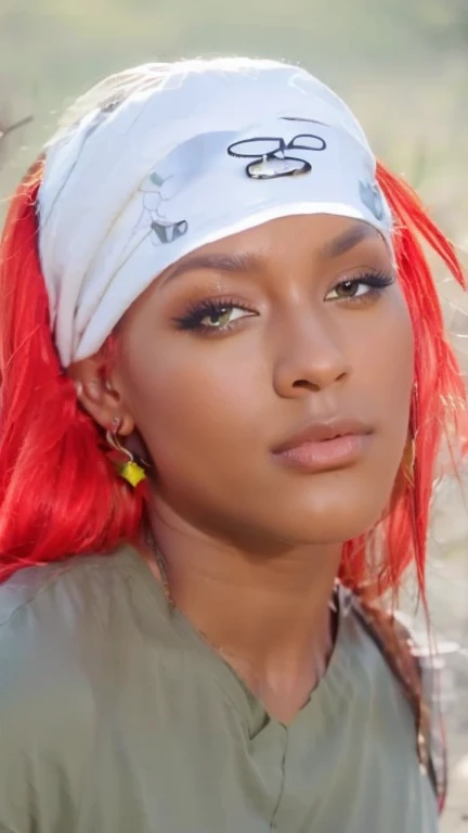Young woman, dark skin with long red hair and amber eyes, wide nose, thick lips, green clothing, sword, Karui