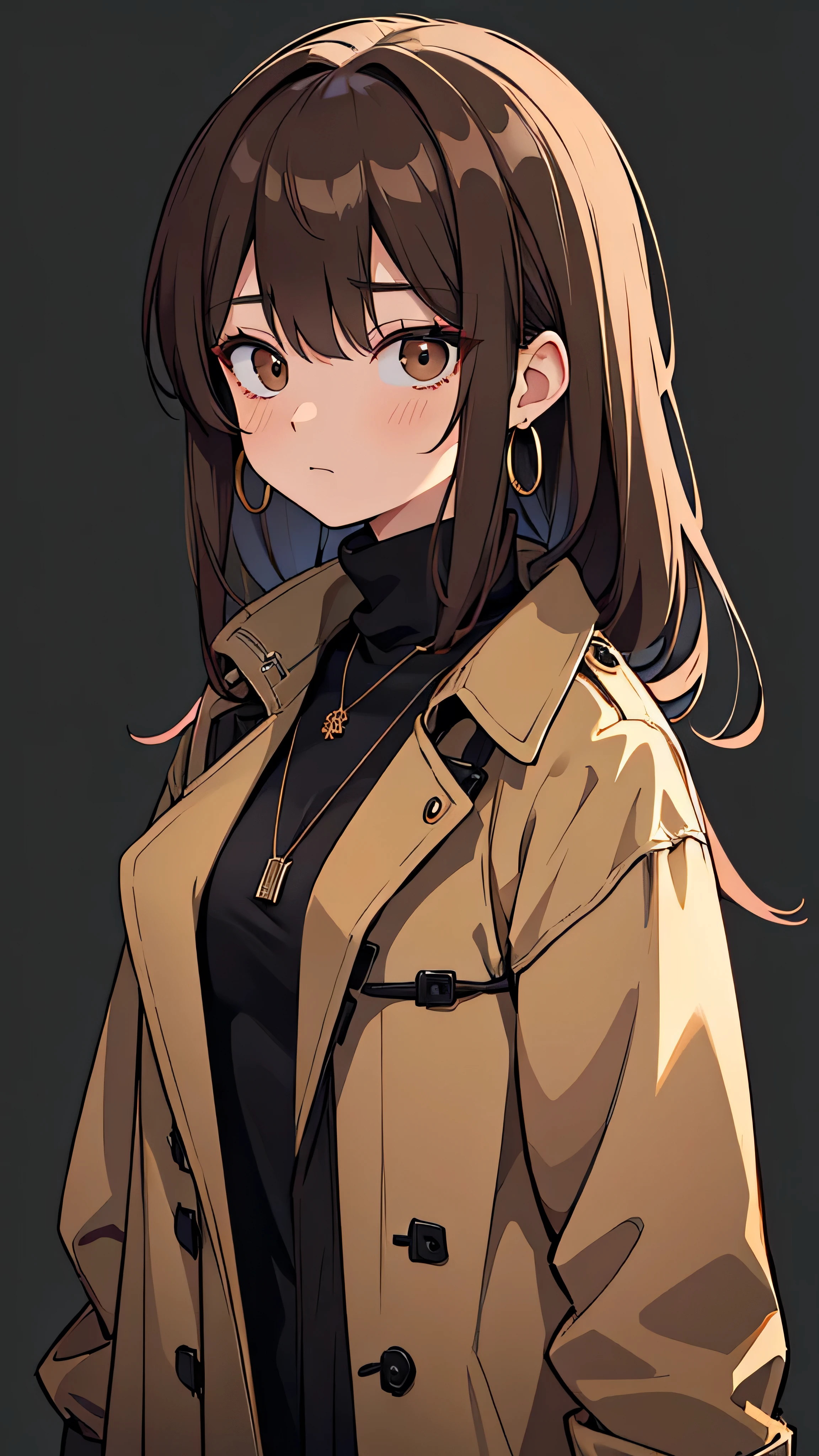 Korean adult woman, medium-length brown hair, grunge, ominous, dark aesthetic, black turtleneck, tan trench coat, necklaces, hoop earrings, 30-year-old, neutral expression, calm, expressionless