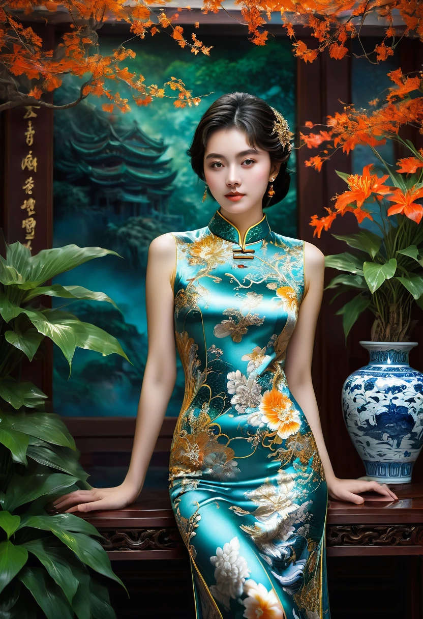 Cheongsam, fullbody, by Edward Weston, RAW photo, 35mm photograph, bokeh, best quality, masterpiece, very aesthetic, perfect composition, intricate details, ultra-detailed