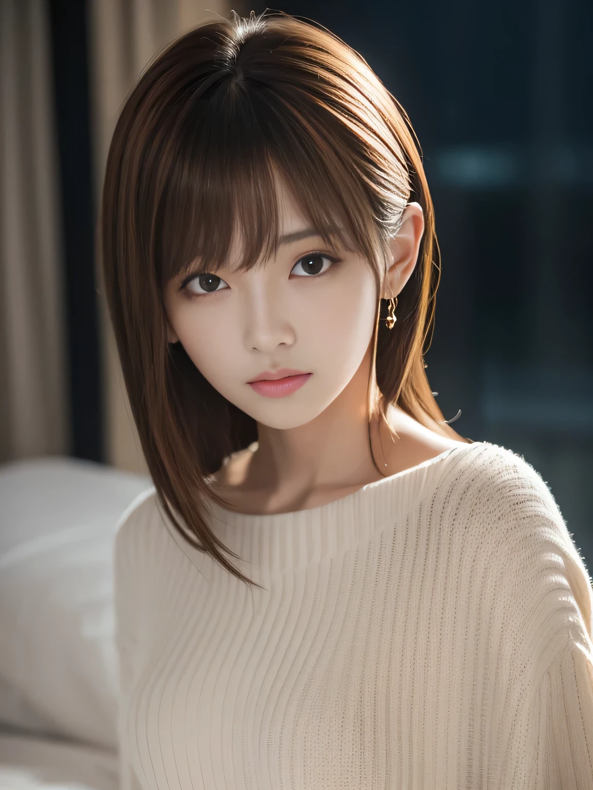 Ultra High Definition, Superior Quality, Premier Quality, ultra detailed, Photorealistic, 8k, RAW Photos, highest quality, masterpiece, Attractive girl, Stunning girl, Brown Hair, Shoulder Length Layered, asymmetrical bangs, K-pop Idol, Sophisticated, Stylish, white knit, (Underexpose Lighting, Moody Lighting), Bedroom at night without light, 