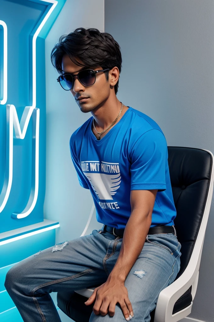Create a 3D illusion for a profile picture
where a cute boy in a blu
Indian blue jersyis casually sitting
on a white king chair.And he is
sneakers and sunglasses, he looks ahead. "Your name"
is written in large, bold Blue neon light font on the dark
gray wall in the background. And he has wings which
makes him look like an angel and surrounding by