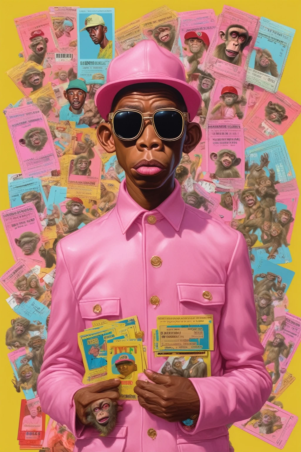 COOL NFT GOLD ,Alex Gross Style - Yue Minjun Monkey Dressed As Tyler The Creator Fears And Hates Dizzy Magazine Style PILE OF TICKETS
