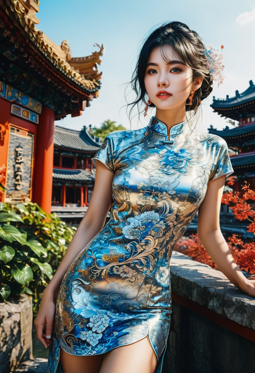 Cheongsam, fullbody, by Apollonia Saintclair, RAW photo, 35mm photograph, bokeh, best quality, masterpiece, very aesthetic, perfect composition, intricate details, ultra-detailed