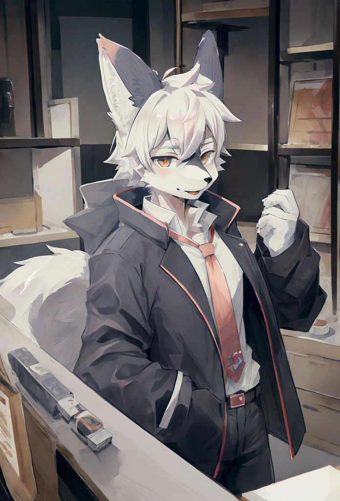 anime - style picture of a man in a coat and a wolf mask, fursona wearing stylish clothes, fox mccloud, (sfw) safe for work, commission for high res, an anthropomorphic cyberpunk fox, foxish guy in a lab coat, handsome weasel fursona portrait, wolf o'donnell, art of silverfox, an anthro wolf is sucking a human dick with long and big ball