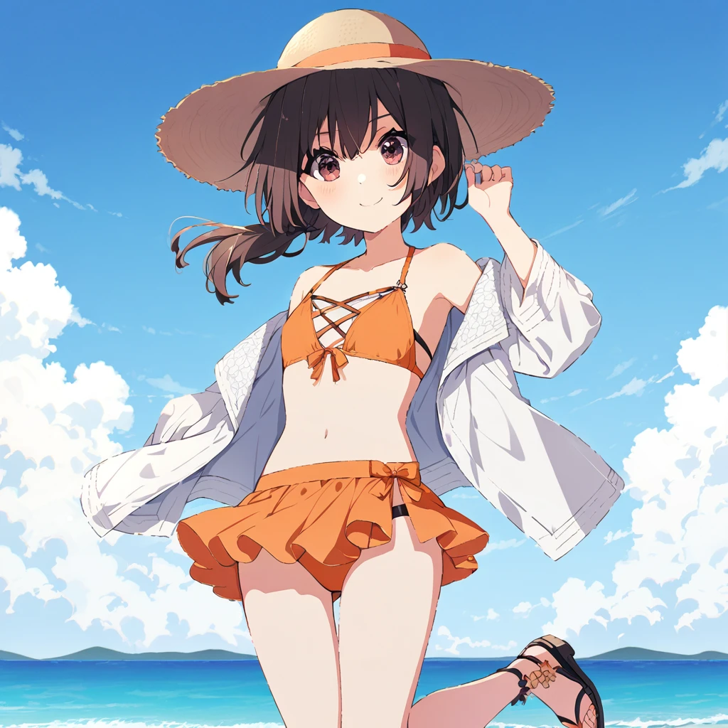 (1woman), short bob, 28 years old, Japanese, brown eyes, brown hair, slim figure, flat chest, BREAK Outfit A girl wearing a vivid orange bikini that shines under the midsummer sun. She has a white lace cover-up over her bikini. On her feet are strappy sandals. Her hair is in a loose, wavy ponytail. She wears sunglasses and a straw hat. BREAK Expression & Background The girl has an innocent smile on her face, holding her hat with one hand. The background features a white sandy beach, turquoise sea, and clear blue sky. Her hair sways in the sea breeze as she enjoys the summer to the fullest.