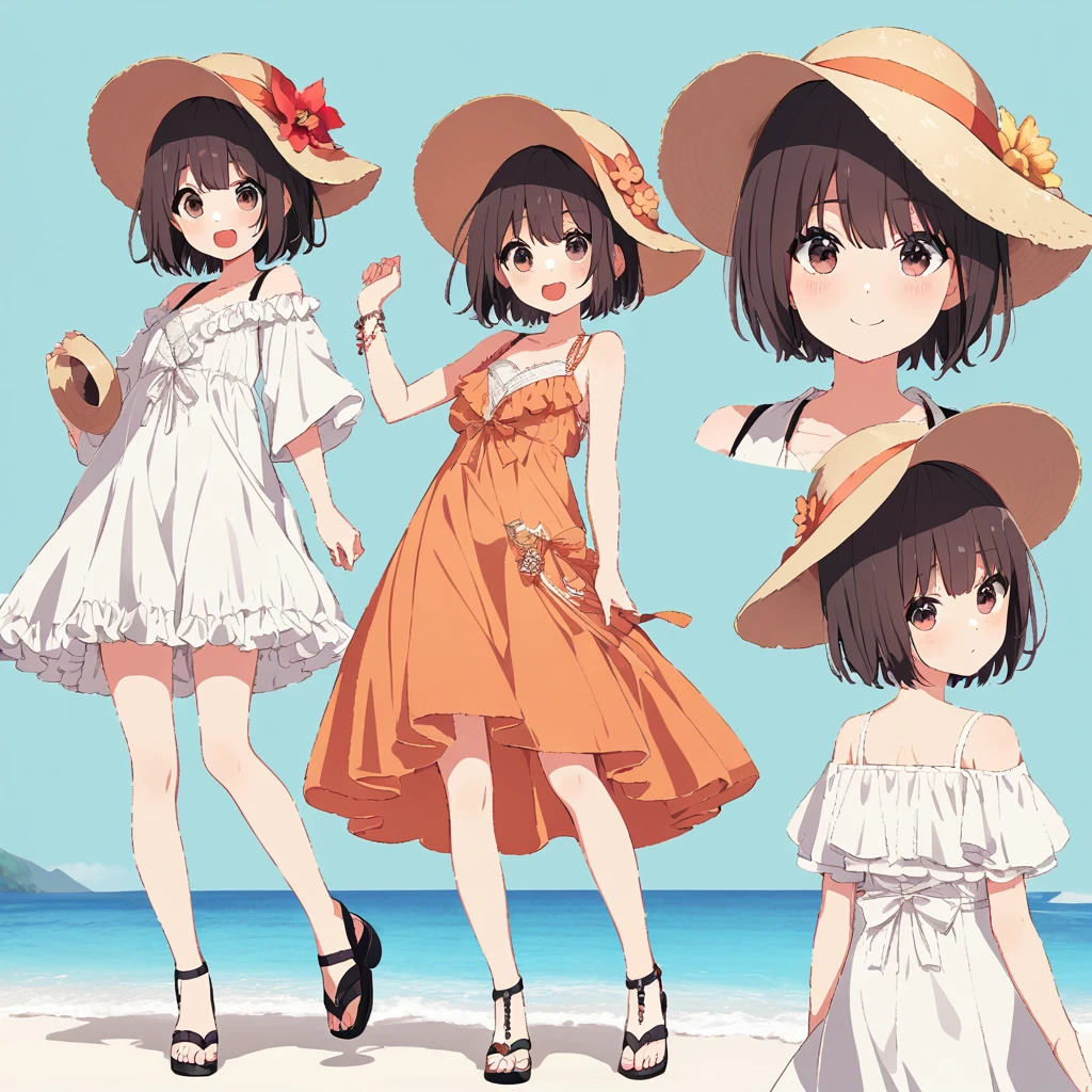 (1woman), short bob, 28 years old, Japanese, brown eyes, brown hair, slim figure, flat chest, BREAK Outfit A girl wearing a vivid orange bikini that shines under the midsummer sun. She has a white lace cover-up over her bikini. On her feet are strappy sandals. Her hair is in a loose, wavy ponytail. She wears sunglasses and a straw hat. BREAK Expression & Background The girl has an innocent smile on her face, holding her hat with one hand. The background features a white sandy beach, turquoise sea, and clear blue sky. Her hair sways in the sea breeze as she enjoys the summer to the fullest.
