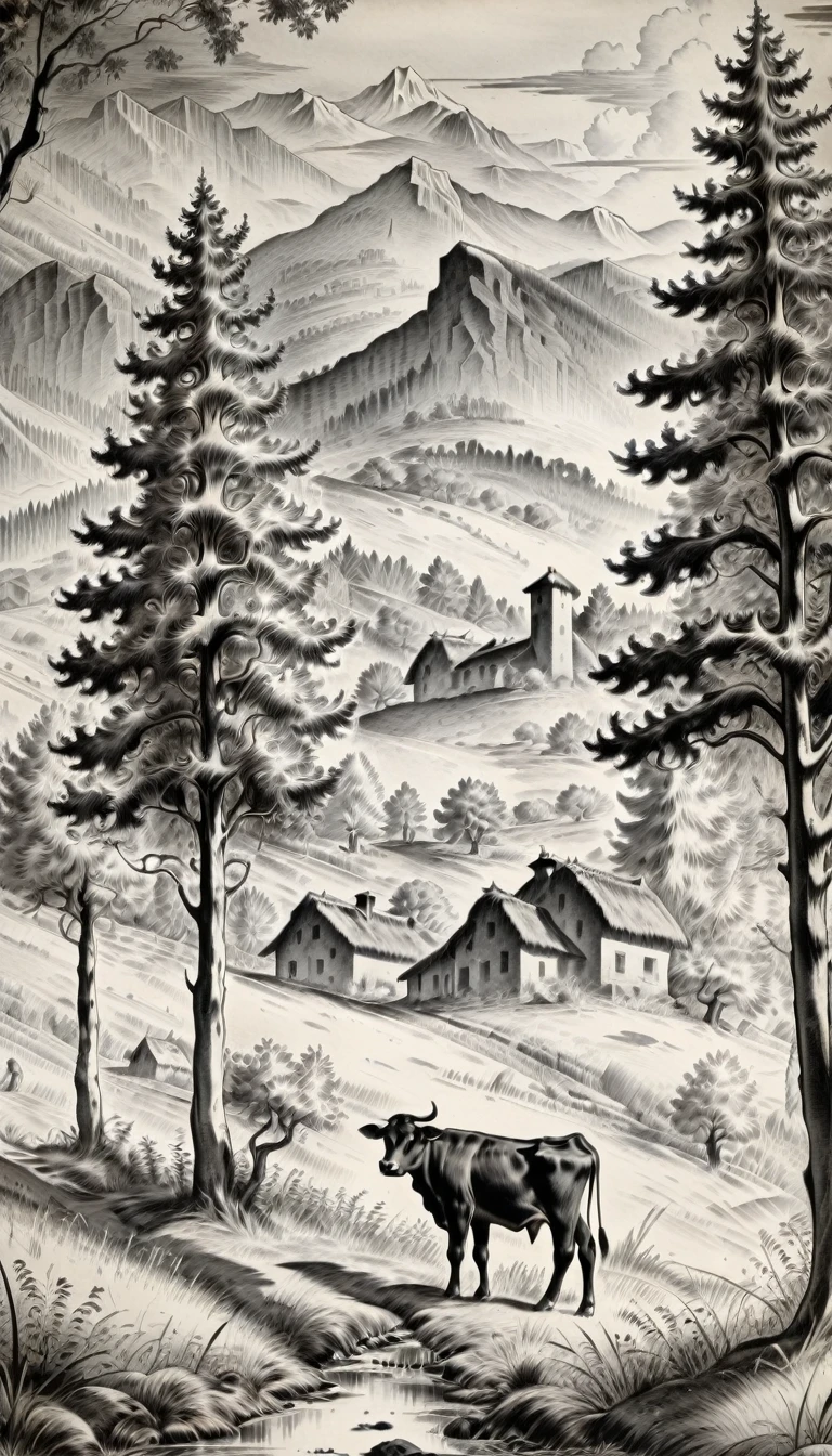 Shepherd with a cow, Forest and mountains in the background, black ink 