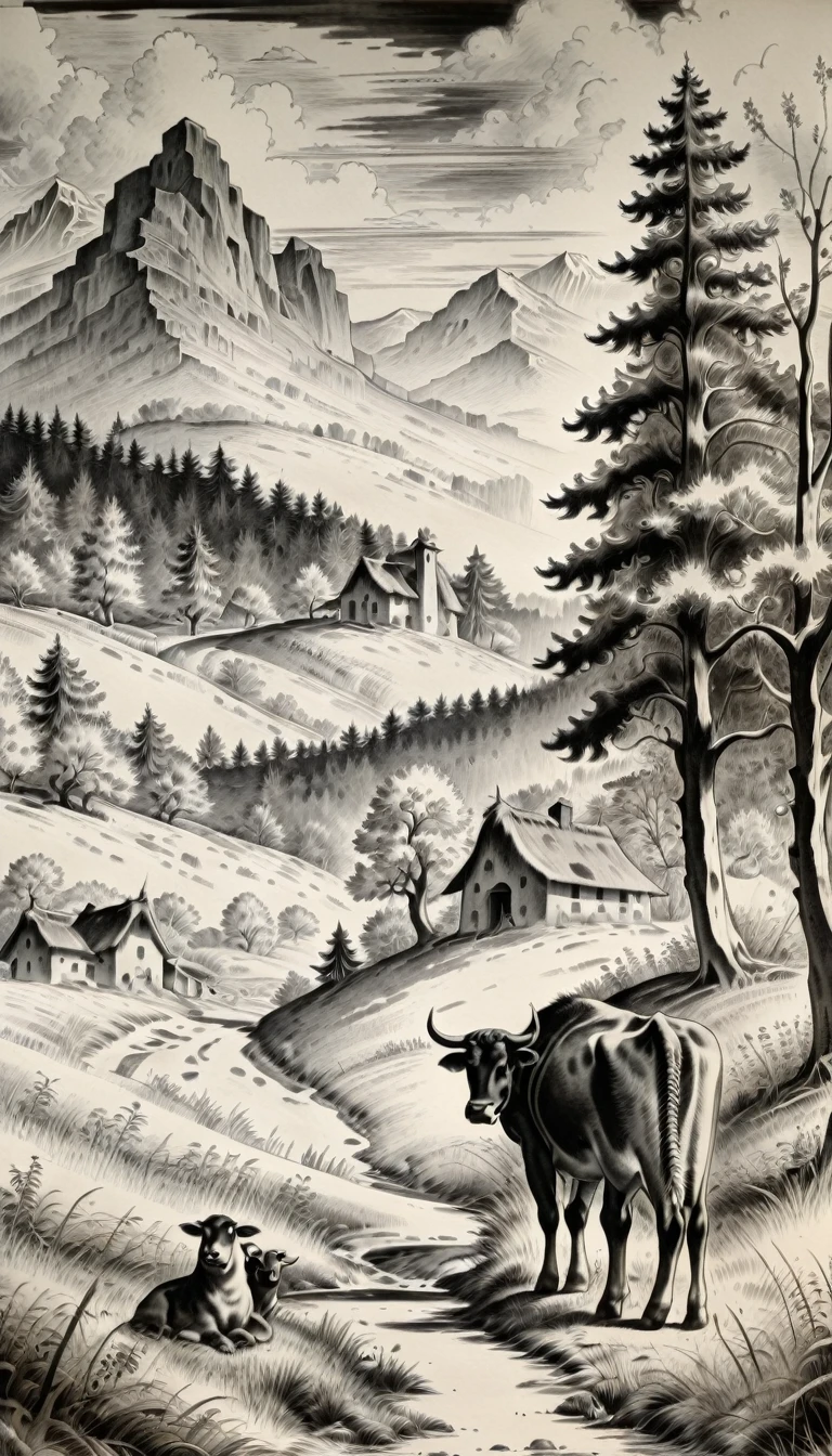 Shepherd with a cow, Forest and mountains in the background, black ink 