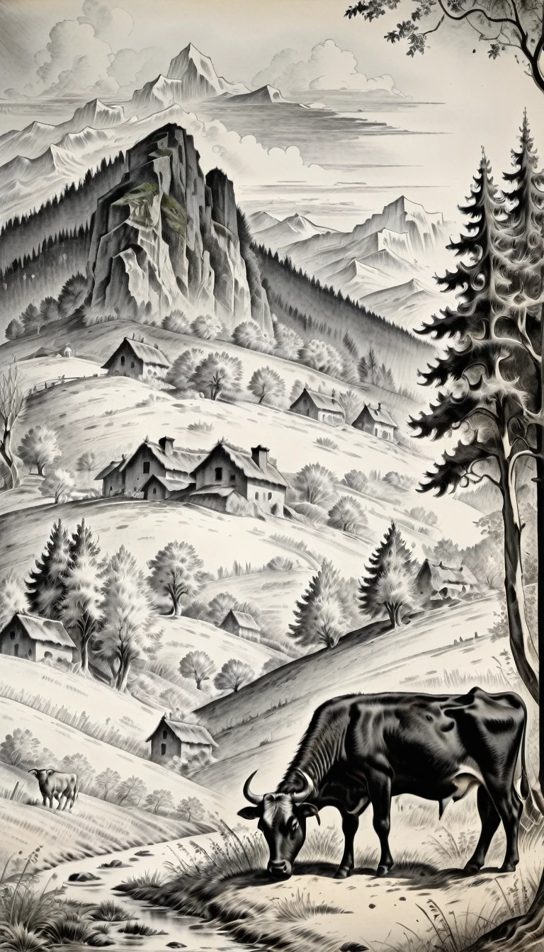 Shepherd with a cow, Forest and mountains in the background, black ink 