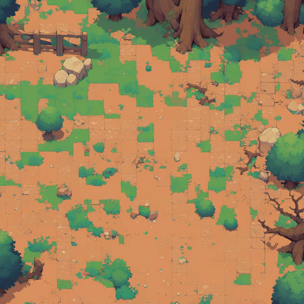 retro video game style,pixelated graphics,vibrant colors,8-bit characters,blocky shapes,sharp lines,detailed shading,classic gaming vibe,nostalgic atmosphere,classic arcade games,masterpiece:1.2,ultra-detailed,illustration style, 2d texture, clay texture, stone texture, 4 k seamless mud texture, video game texture, dirt texture, tileset, game tiles, clay material, flat texture, grass, trees, rock texture, rocky ground, forest, topdown view, game texture, game art, ground very detailed, dirt, floor texture, tileable texture, flowers, bushes, shrubs, intricate ground stone, top down view, 3/4th perspective