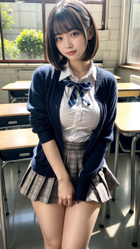 masterpiece, best quality, illustration, Super detailed, fine details, High resolution, 8K,wall paper, perfect dynamic composition,(Details High quality, realistic depiction of eyes:1.3), High School Classroom、High school girl uniform、Cardigan、Super Short Check Uniform Skirt、Navy blue high socks、garterbelts、Colossal tits、Disturbed uniform、short bob hair, black hair color, Big Natural Color Lip, bold sexy pose, (perfect body shape), crying a little、Harajuku style、20 year old girl、cute type, beautiful legs, hposing Gravure Idol, Voluptuous thighs