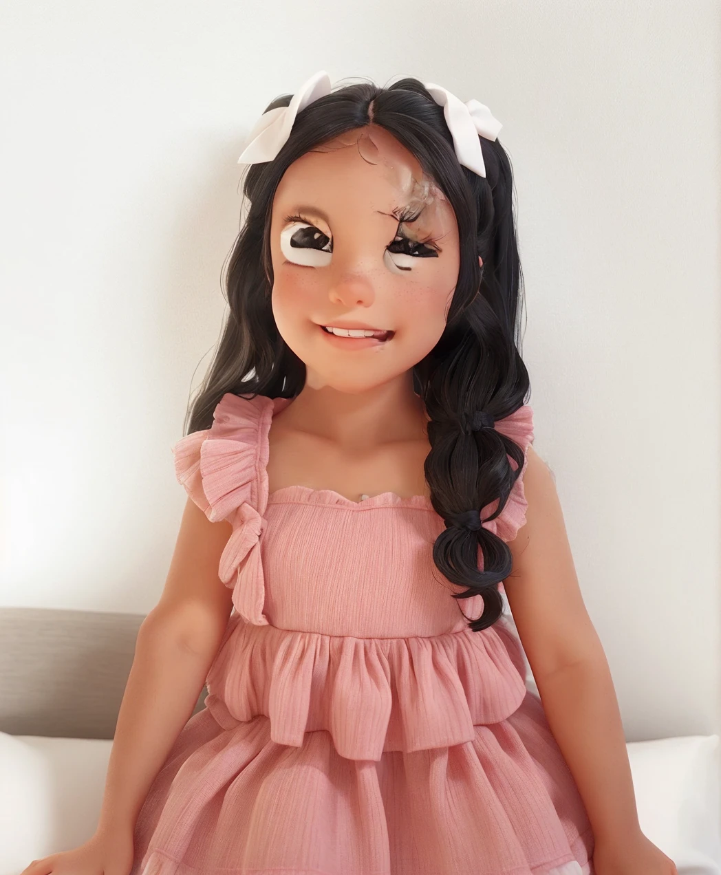 Two pony tails with white bows on the top. Black hair. Pink dress