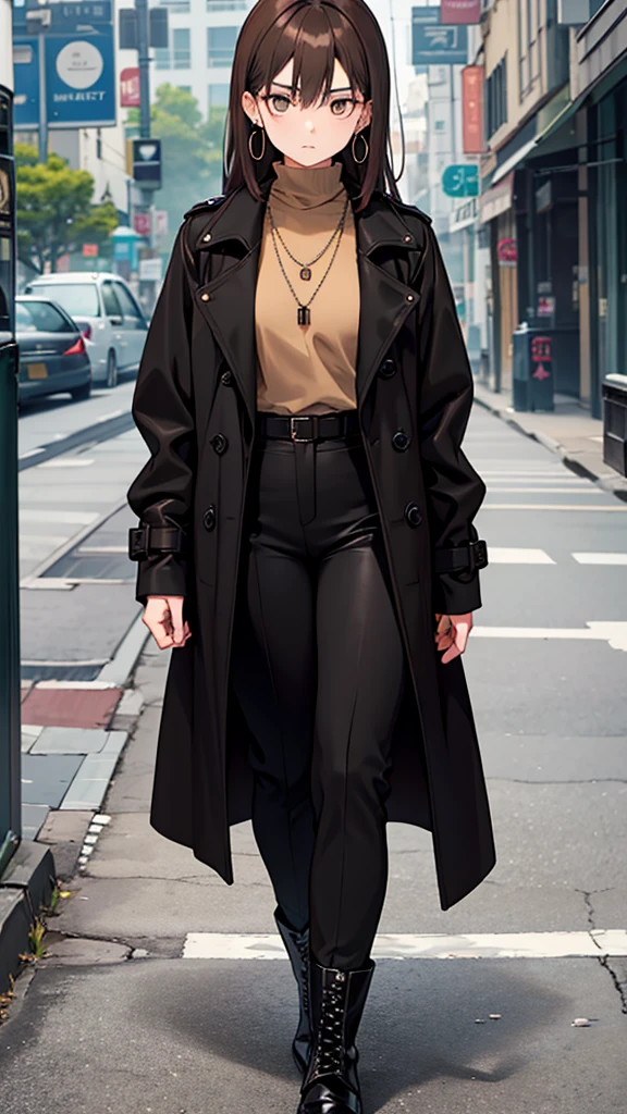 Korean adult woman, medium-length brown hair, grunge, ominous, dark aesthetic, black turtleneck, tan trench coat, necklaces, hoop earrings, 30-year-old, neutral expression, calm, expressionless, black pants, black combat boots, walking