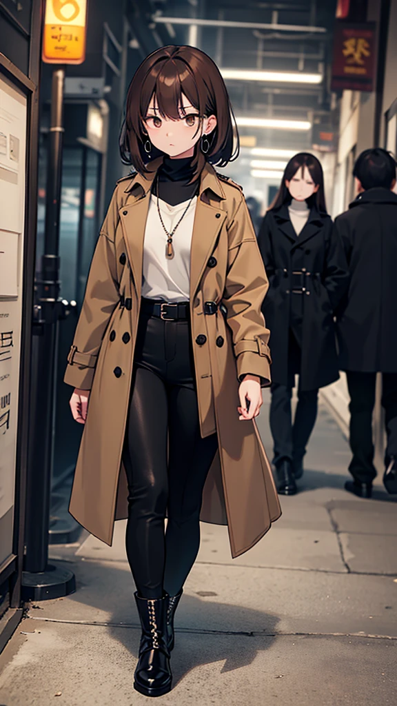 Korean adult woman, medium-length brown hair, grunge, ominous, dark aesthetic, black turtleneck, tan trench coat, necklaces, hoop earrings, 30-year-old, neutral expression, calm, expressionless, black pants, black combat boots, walking