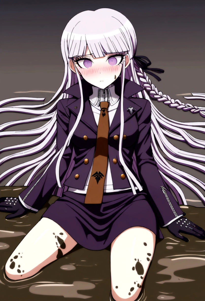 (1girl, kirigiri kyoko, danganronpa), masterpiece, best quality, 8K, ultra-detailed, laying in bed, sheets, embarrassed face, blush (((light pink raincoat))), (((buttoned raincoat))), (shiny raincoat), hooded raincoat, wearing hood, ((((covered in mud)))), mud dripping, muddy raincoat, muddy clothes, mud drops, mud splatters, mud smears, Kyoko, purple eyes, purple hair, long hair, braid, black gloves, purple jacket, purple skirt, brown necktie, white shirt, boots