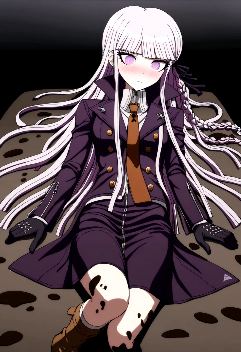 (1girl, kirigiri kyoko, danganronpa), masterpiece, best quality, 8K, ultra-detailed, laying in bed, sheets, embarrassed face, blush (((light pink raincoat))), (((buttoned raincoat))), (shiny raincoat), hooded raincoat, wearing hood, ((((covered in mud)))), mud dripping, muddy raincoat, muddy clothes, mud drops, mud splatters, mud smears, Kyoko, purple eyes, purple hair, long hair, braid, black gloves, purple jacket, purple skirt, brown necktie, white shirt, boots