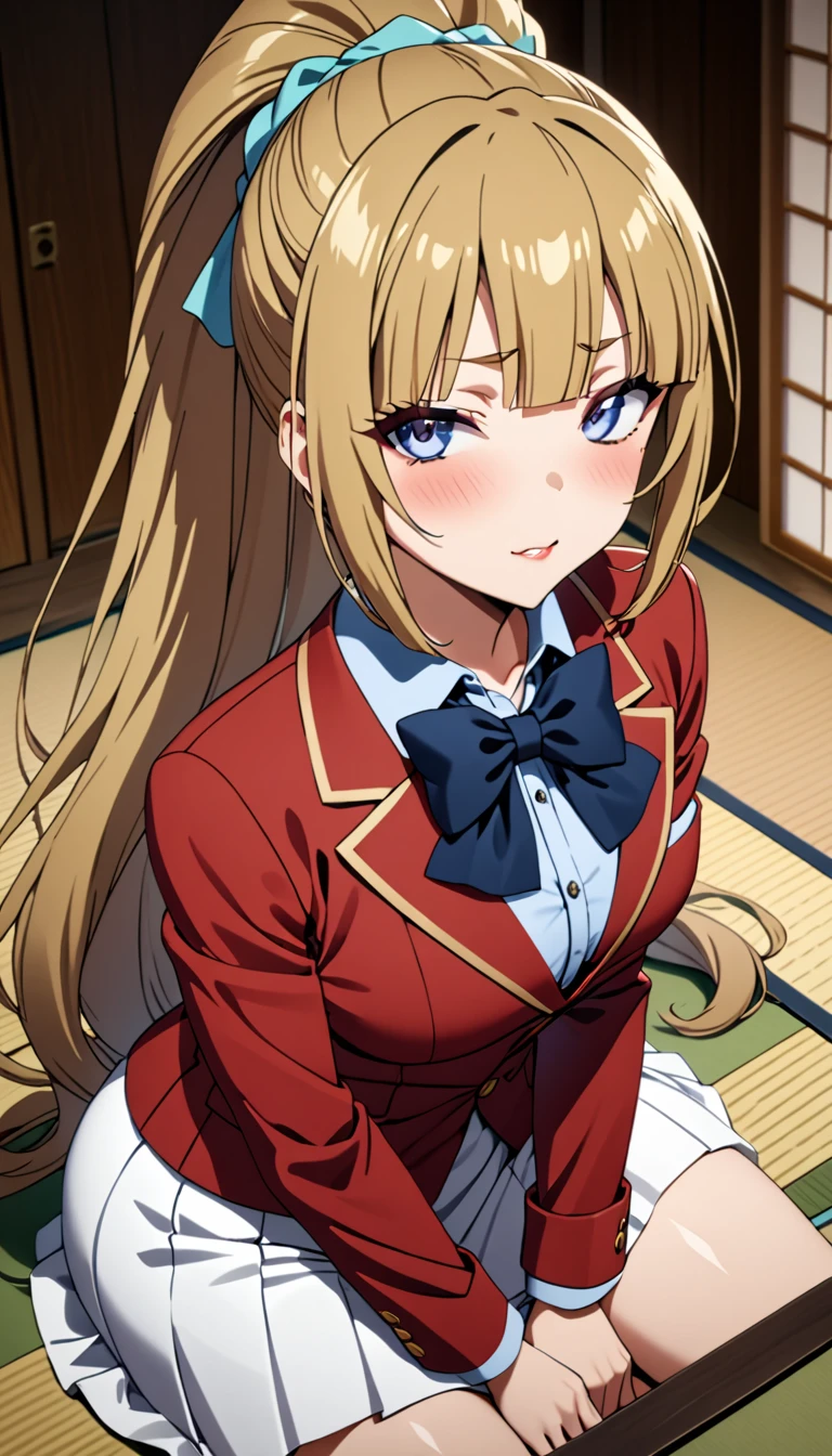 masterpiece, best quality, highres, ponytail hair, (single braid:1.2), hair ribbon, red blazer,buttoned blazer, blue bowtie, long sleeves, white skirt, sitting in japanese room,seductive face,from above