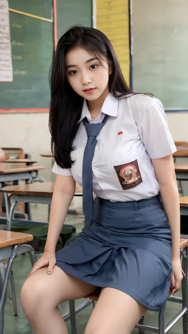 RAW, Best quality, high resolution, masterpiece: 1.3), Beautiful young indonesian girl, seductive pose, showing breast, open legs showing vagina, sensual body, on a top of table of class room,  ((senior high school clothes)), orgasm, highres, 4k, HDR, 1girl, photorealistic, realistic, big breasts, ((whole body)) turning away facial at viewer, closeup, class-room, misty,