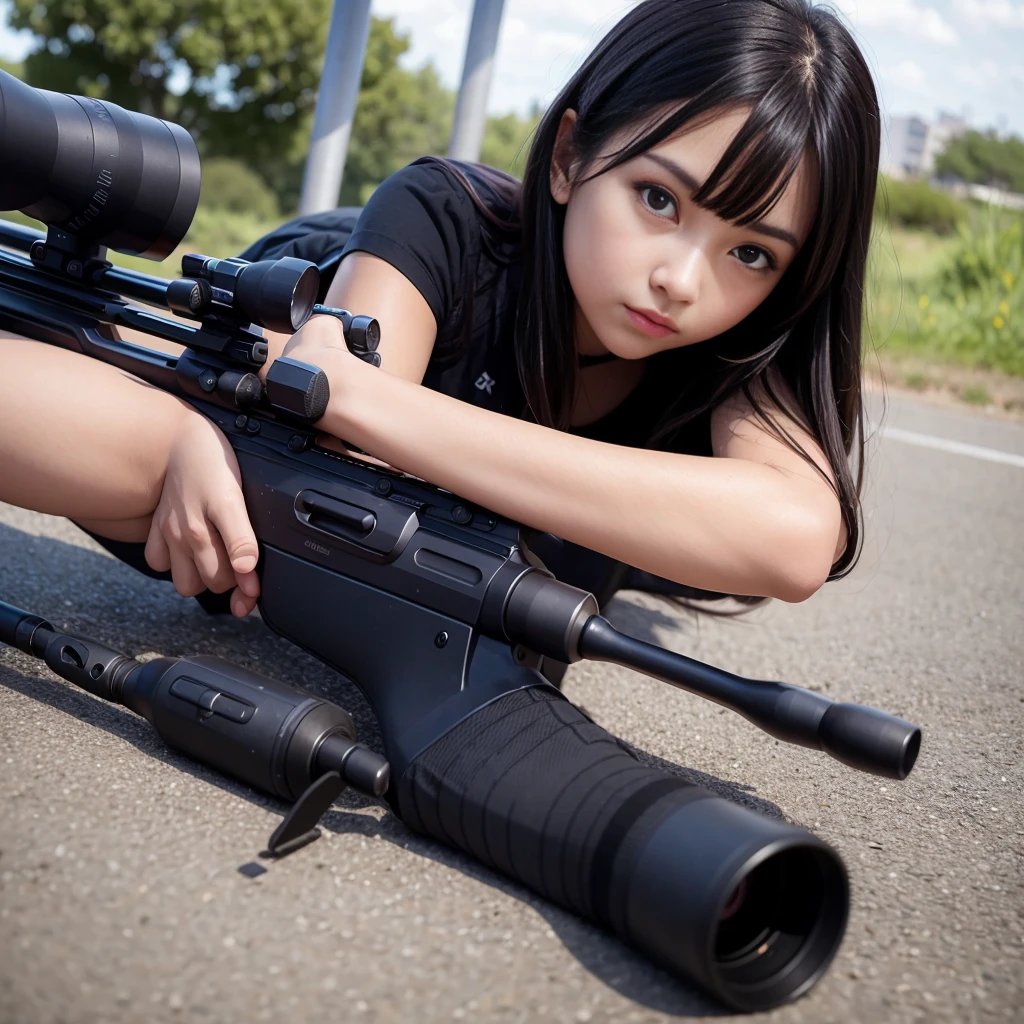 A beautiful girl using a sniper rifle lying on the ground for a ballistic test.