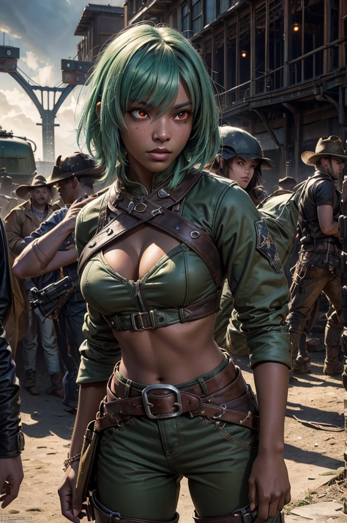 emeraldsustrai, emerald sustrai, short hair, (red eyes:1.5), (green hair), dark skin, dark-skinned female, navel, cleavage, midriff, belt, cleavage cutout, chaps, fighting pose, snow, ((broken suspension bridge, near old steam train)), post-apocalypse, dystopian future, crowd, (crowd in military uniforms), bonfires, (volumetric lighting),  intricate details, tonemapping, sharp focus, hyper detailed, (cowboy shot:1.5), BREAK (masterpiece:1.2), best quality, high resolution, unity 8k wallpaper, (illustration:0.8), (beautiful detailed eyes:1.6), extremely detailed face, perfect lighting, extremely detailed CG, (perfect hands, perfect anatomy),