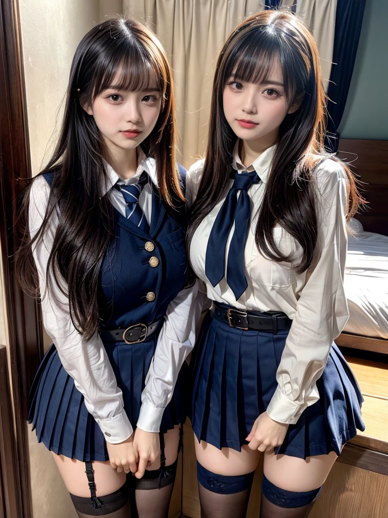 (8K, Raw photography, top-quality, masterpiece:1.2), master piece, best quality, illustration, Super detailed, fine details, High resolution, 8K,wall paper, perfect dynamic composition,(Details High quality, realistic depiction of eyes:1.3), ((2 girls, 2 schoolgirls)), The background is a luxury hotel room、High school girl uniform、blazer 、Super Short Check Uniform Skirt、Navy blue high socks、garterbelts、Colossal tits、Disturbed uniform, Play with each other,Touching each other's bodies,Touching the body of the girl next door, short bob hair, black hair color, huge breasts, Big Natural Color Lip, bold sexy pose, (perfect body shape), crying a little、Beautiful makeup,glitter makeup,Cutest 18 years old, beautiful legs, hposing Gravure Idol, Voluptuous thighs