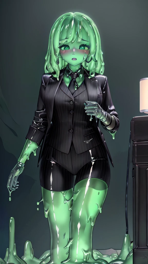 a beautifully detailed slime girl with luminous green eyes, blushing cheeks, shocked expression, standing gracefully in a masterpiece-level illustration, ultra-detailed and high-resolution, 1boy, black business suit, office background, 8k, hyper-realistic, cinematic lighting, dramatic composition, intricate details, vibrant colors, fantasy, surreal, ethereal