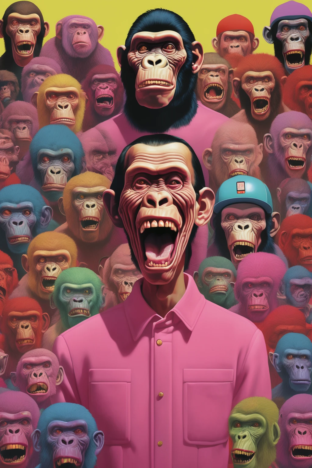 APE NFT HIGH QUALITY , bored ape , Alex Gross Style -Yue Minjun singe habillé comme Tyler le créateur craint et déteste le style de magazine étourdi zombi fume un joint
