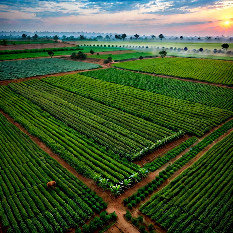 Growing and producing green fresh crops in the fields of indigenous cows of India in the indigenous way realistic image