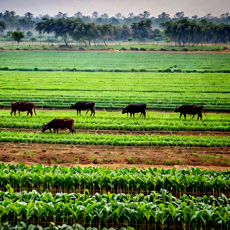 Growing and producing green fresh crops in the fields of indigenous cows of India in the indigenous way realistic image 