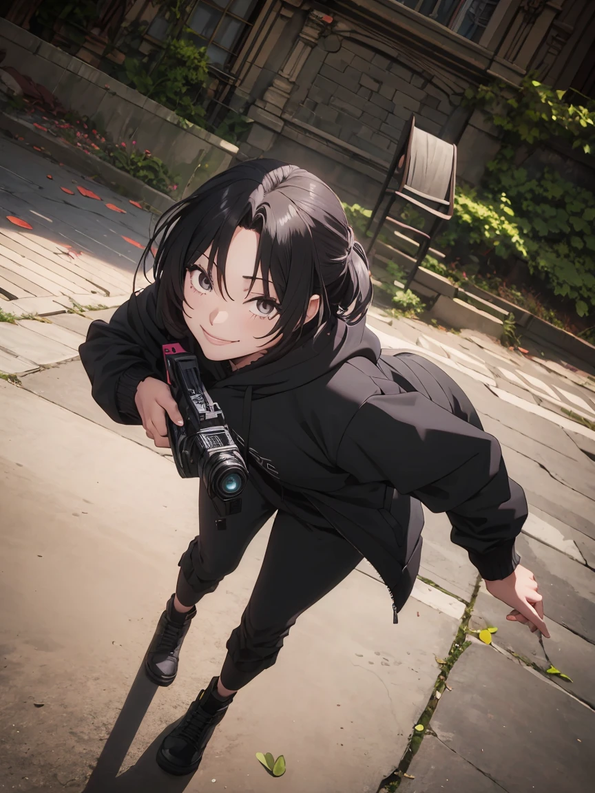 1 girl,black hoodie, Dominique de sade,Black trouser,Holding a firearm, camera angle from below, smiling, ultra detail