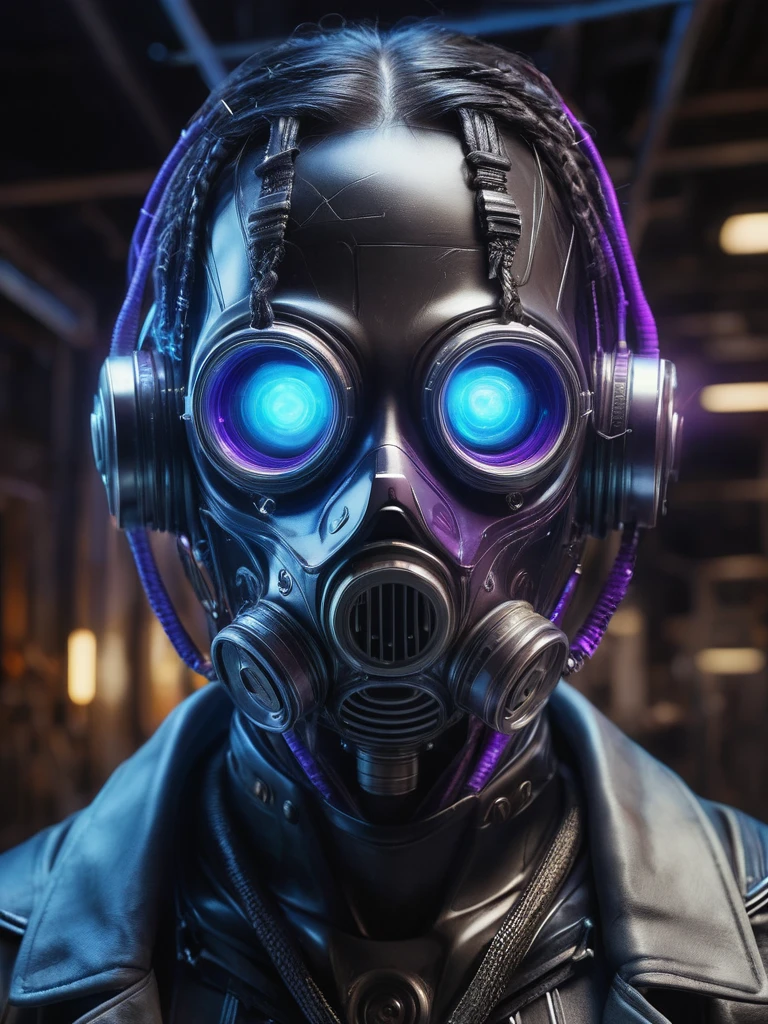 A high-resolution image of a man transformed into a cyborg, featuring a full head gas mask. His skin is complex, adorned with wires, fuses, and transparent blue liquid pipes running through it. His eyes emit a vivid purple glow, shining through the mask’s eye openings. His long hair is braided intricately, with strands of chrome woven into the braids, adding a metallic sheen. His skeletal structure is partially visible, with bones made of quartz and crystal, refracting light and adding a translucent quality. The background is a futuristic lab, dimly lit with a cold, industrial ambiance. The lighting highlights the reflective surfaces and the glowing elements, creating a striking contrast against the darker surroundings. The overall effect is a blend of advanced technology and natural elements, showcasing the fusion of human and machine.

The background is a dimly lit, industrial setting with hints of metallic surfaces and shadows, creating a foreboding atmosphere. The lighting is low and directional, casting subtle highlights on the gas mask and his damp hair, while leaving parts of his face in shadow, enhancing the dramatic effect. There is a faint mist or smoke in the air, adding depth and texture to the scene. The overall ambiance is one of mystery and intensity, with a slightly dystopian feel.