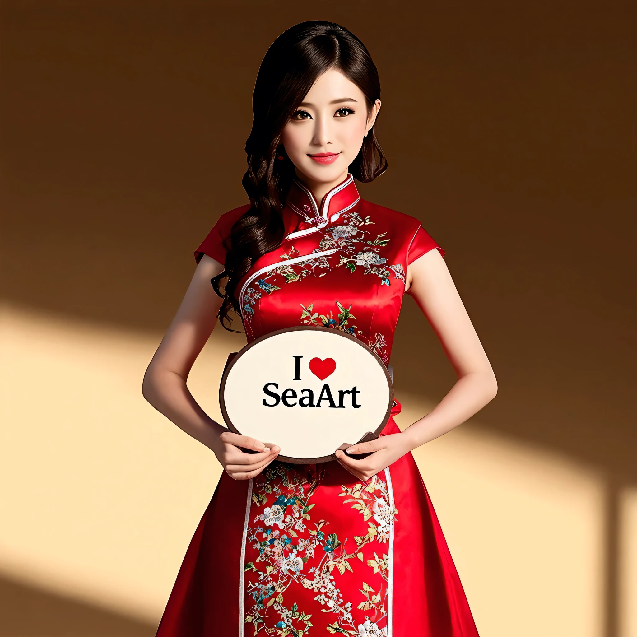 a beautiful detailed asian girl in a beautiful red cheongsam dress, intricate floral patterns, elegant pose, holding a board on which "I love SeaArt" is written, serene expression, natural lighting, dramatic shadows, warm color palette, delicate fabric textures, ultra-detailed, 8k, high resolution, photorealistic, masterpiece