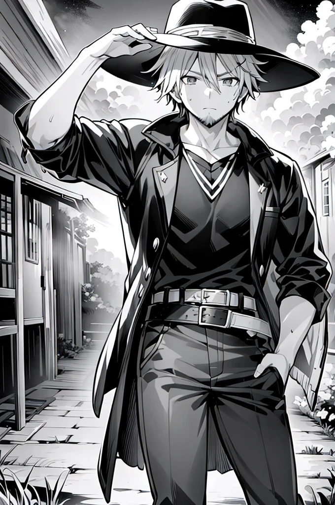 Manga drawing, manga ,black and white, extremely detailed, western, man, mature, light hair, side part hairstyle, short beard, black cowboy hat, worn jacket, stripted shirt, black bandana, leather western belt, sits near horse, near campfire, night