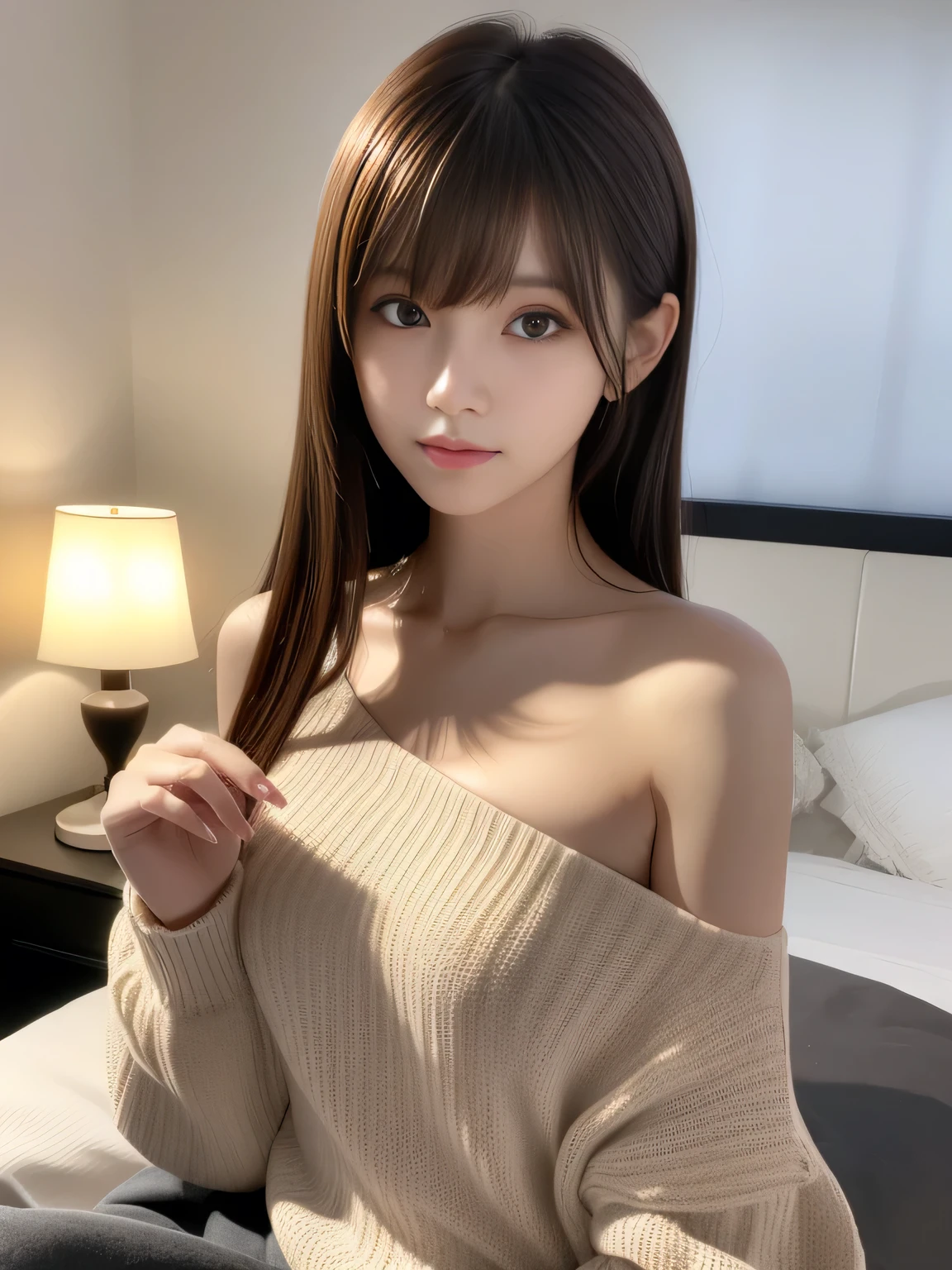 Ultra High Definition, Superior Quality, Premier Quality, ultra detailed, Photorealistic, 8k, RAW Photos, highest quality, masterpiece, Attractive girl, Stunning girl, Brown Hair, Shoulder Length Layered, asymmetrical bangs, K-pop Idol, Sophisticated, Stylish, white knit, (Underexpose Lighting:1.2), Bedroom at night without light:1.3, 