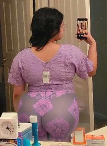 woman taking a picture of herself in the mirror in the bathroom, seen from the back, shot from the back, taken from behind, full body picture, back view!!, back view also, full growth from the back, in full growth from the back, photo taken from behind, very very low quality picture, photo from the back, centered full body rear-shot, big ass, huge ass, bbw, from behind, thick, thick thighs, wide hips, bbw, big , sideboob, giant ass, back view, big butt, round butt, tight underwear, filipina underwear halfway off, underwear taking off, grabbing ass, ass spilling over underwear, too thick for clothes, looking left, leftwards, naked, no clothes, no pants, naked, ass is uncovered