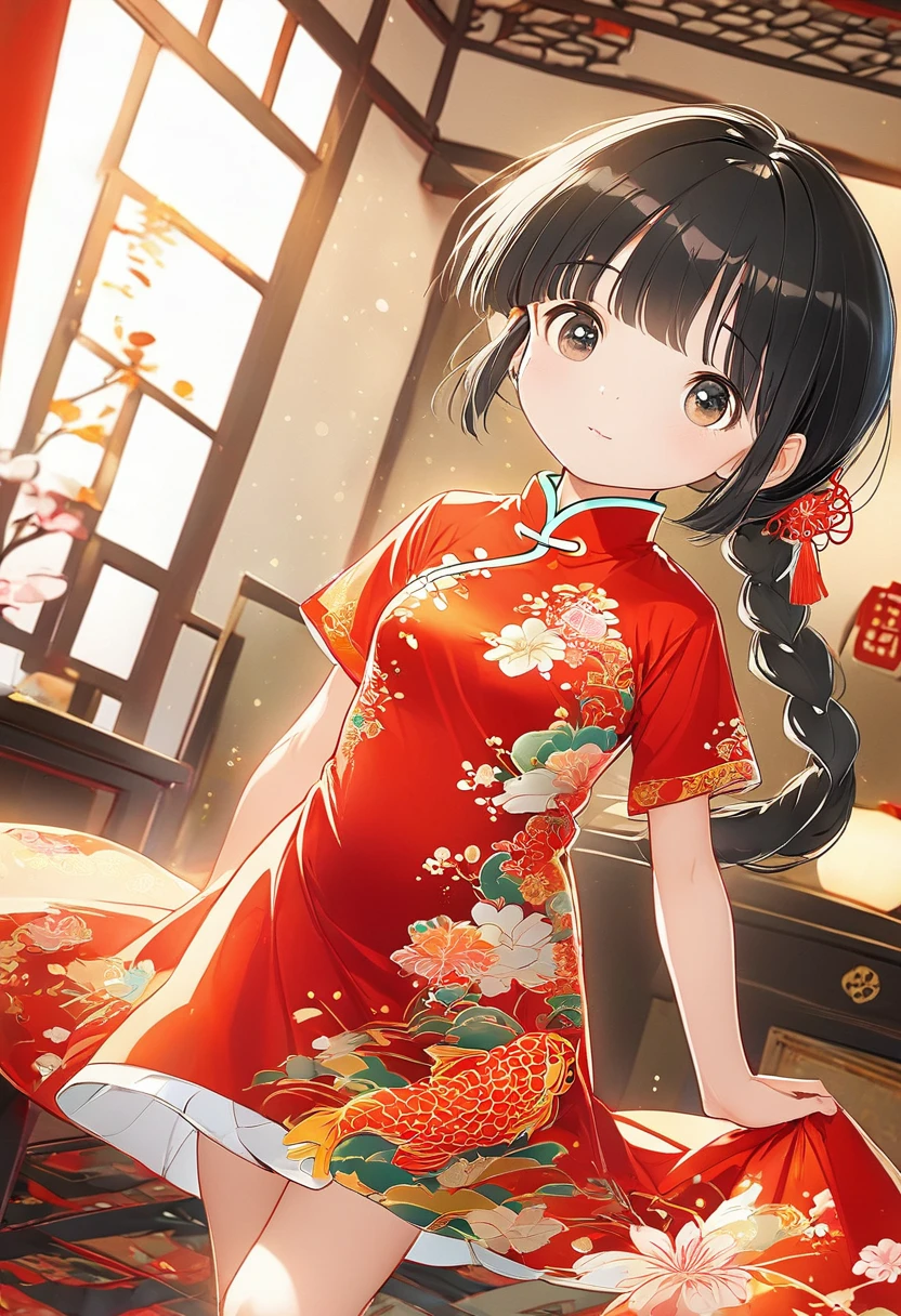 (masterpiece, best quality:1.2),little girl，solitary,Exquisite eyes,Fine black hair，( Smooth skin:1.2)( Wear a gorgeous and shining cheongsam:1.2)， Slender body proportions，Gorgeous room（（Intricate details））